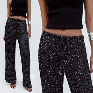 NWT Zara Dotted Wrinkle Effect Wide Leg Pants Polka Dot Pleated Trousers LARGE